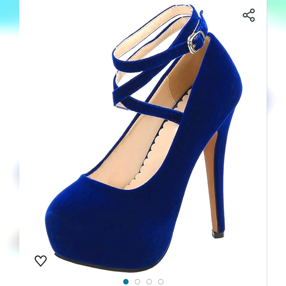 Blue Faux Suede Round Toe Platform Heels with Ankle Straps EUC